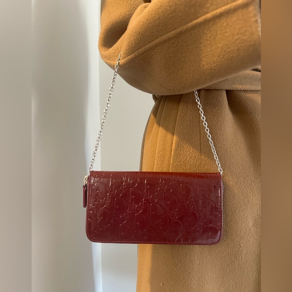 Authentic Dior Patent Trotter Long Zip Wallet on chain